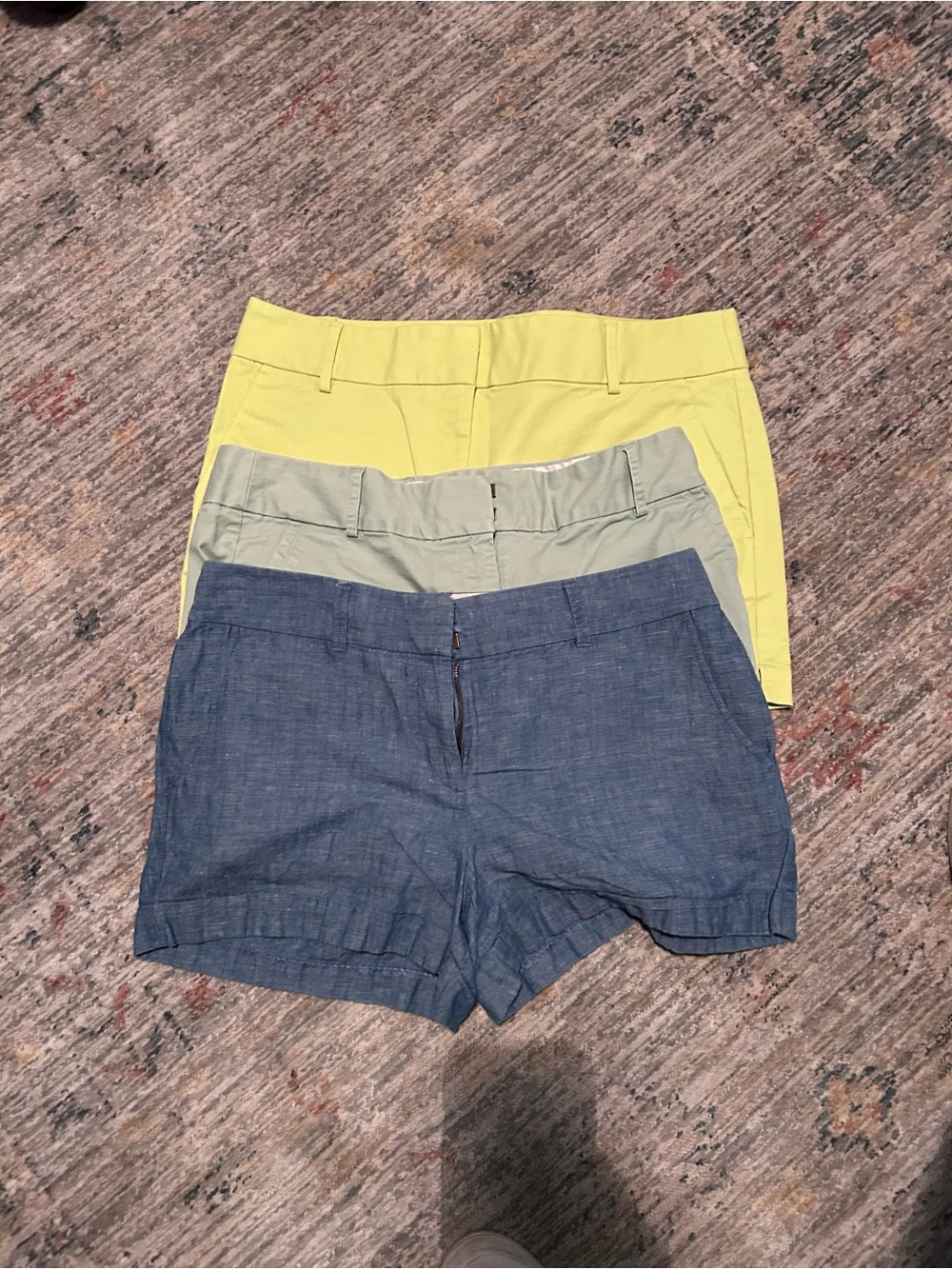 LOFT Trio Stretch Shorts in Yellow, Sage, and Chambray Blue